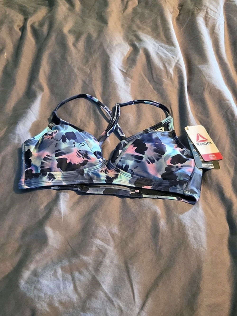 Reebok Scoop Bralette Abstract Bikini Top Blue & Black Size Medium NWT